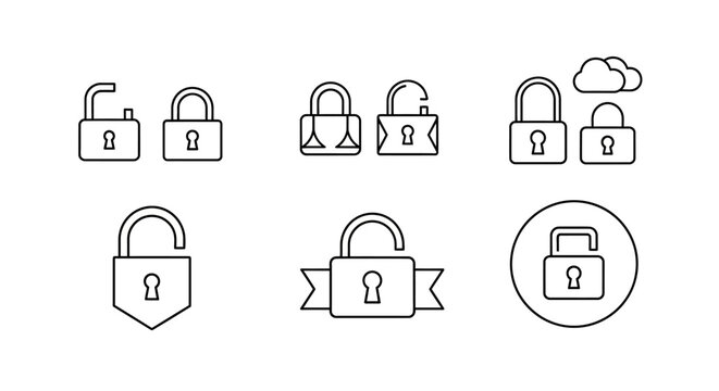 Set of black line art padlock icons for web security and digital privacy