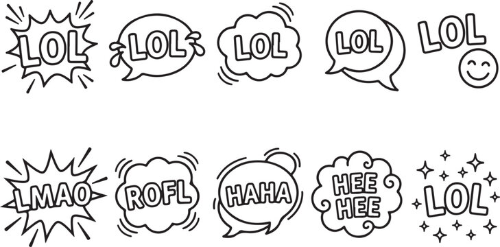 Laughing expressions in speech bubbles LOL LMAO ROFL HAHA HEE HEE with emoji icons.