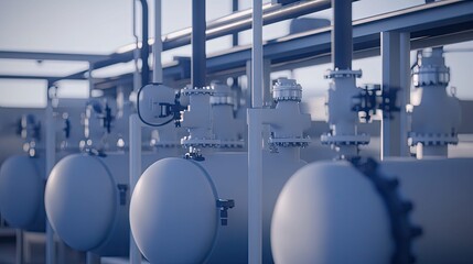 Fototapeta premium Automated manufacturing plant featuring clean, advanced equipment and pipelines, symbolizing industrial growth, energy infrastructure, and technological innovation in a global economy