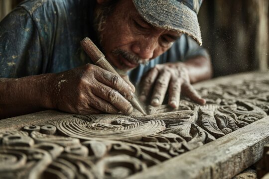 Sabahan Craftsman Carving Traditional Wood Motifs