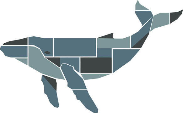 Geometric blue and gray whale silhouette composed of rectangles and polygons abstract