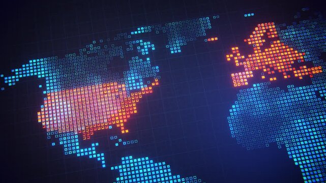 World map with USA and Europe glowing in red. Data business background loop
