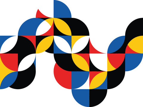 Geometric pattern with overlapping circles and squares in red, blue, yellow, black, and white abstract