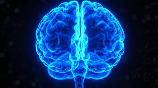A glowing blue digital human brain model floating inside a dark particle sphere