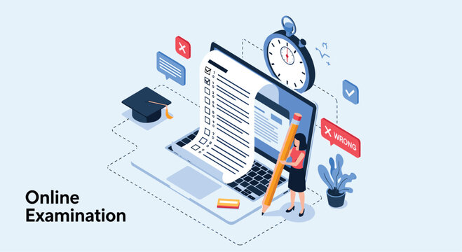 Online examination concept showing a student taking a digital test on a laptop with a timer and educational icons.