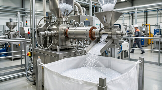 Extruder machine producing recycled plastic pellets in a manufacturing plant.