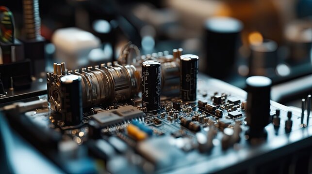 Circuit board with dense microchips, capacitors and traces in macro view, representing computing power, processing, data networks and advanced electronic technology