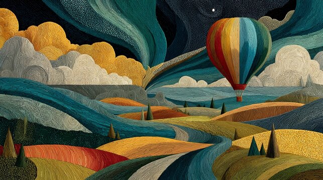Conceptual journey and elevation theme, flat vector illustration combining Memphis retro geometry with boho decorative elements, abstract hot air balloons transforming into celestial symbols and float