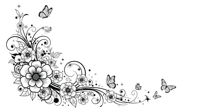Ornate black and white floral corner design with intricate flowers, leaves, butterflies, and sparkling stars for elegant borders.