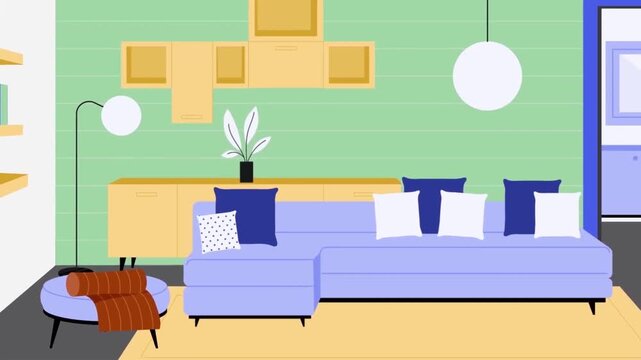 Modern Living Room Interior with Blue Sofa and Minimalist Decor Background for 2D Animation
