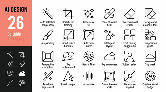 AI design icon set. Editable line icons. Vector illustration of artificial intelligence photo editing tools, generative fill, smart resize, neural filter, content aware scale, and image processing.
