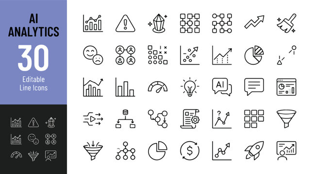 AI Analytics icon set. Editable line icons. Vector illustration. Featuring machine learning, big data analysis, growth charts, network diagrams, automation, and predictive intelligence graphics.