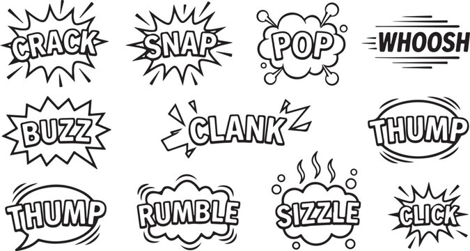 Collection of comic book sound effects words like crack snap pop whoosh buzz clank thump rumble sizzle click.