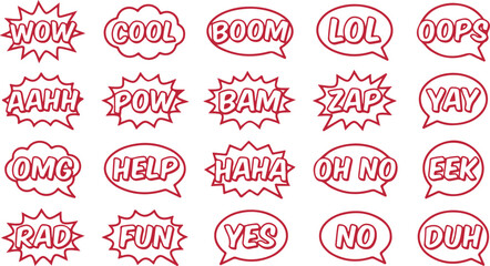 Collection of comic book exclamation words like wow cool boom lol oops aahh pow bam zap yay omg help haha. © Sadhin