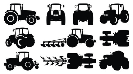 Farm Tractor with Plow and Attachment Silhouette Set — Side, Front, Top and Multiple Views, Isolated Black Vector © selena