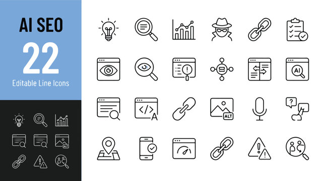 AI SEO icon set. Editable line icons. Vector illustration. Artificial intelligence, search engine optimization, digital marketing, web analytics, backlinks, voice search, ranking and local SEO.