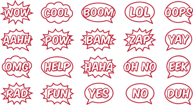 Collection of comic book exclamation words like wow cool boom lol oops aahh pow bam zap yay omg help haha.