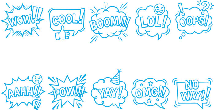 Collection of comic book speech bubbles with expressive words and exclamations such as wow cool boom lol oops aahh pow yay omg no way.