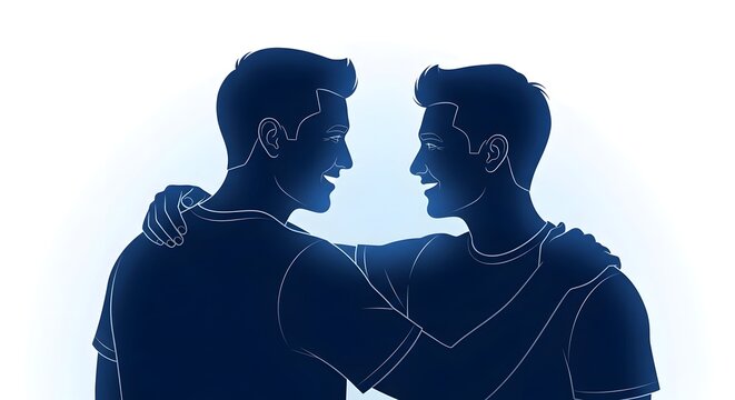 Vibrant blue digital illustration of two male friends sharing a heartfelt moment of connection and support, embodying themes of companionship, camaraderie, and positive relationships