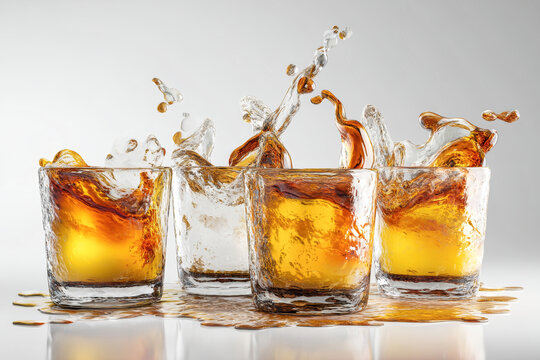 Four glasses filled with brown liquid show splashes as they sit on a flat surface. The scene captures the motion and energy of the moment