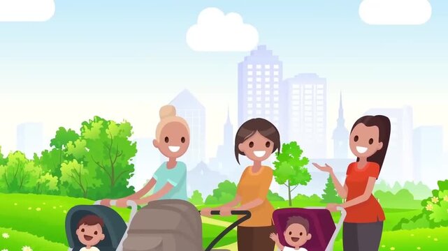 Diverse Mothers Walking with Baby Strollers in Public Park Parenting and Social Lifestyle 2D Animation