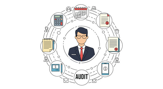 Financial audit concept showing accountant surrounded by icons of calculator and documents and reports for business data analysis.