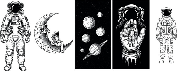"Space Explorer Hand-Drawn Illustrations with Astronaut, Planets, and Moon Designs" © Shakhawat