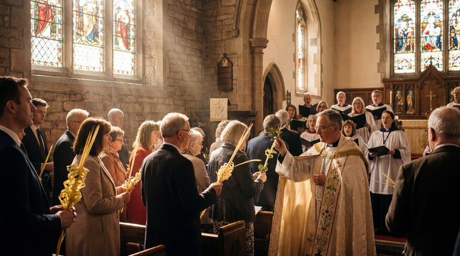 Congregation Attending Church Service with Choir and Priest