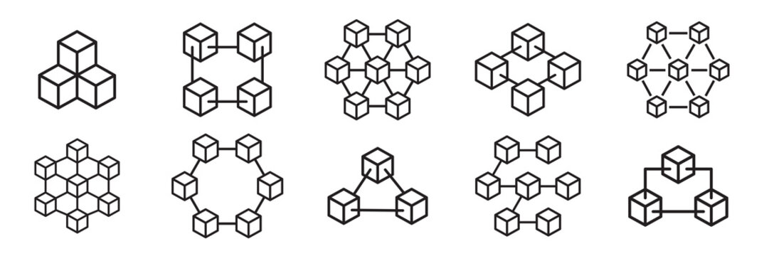 Blockchain Technology Icon Set: Decentralized Network and Data Cube Illustrations