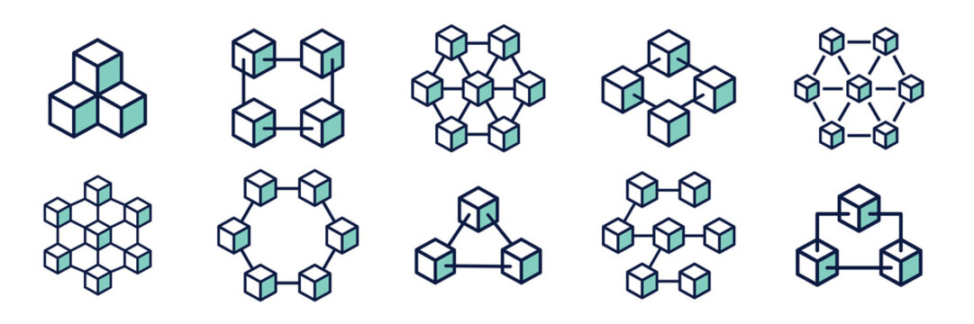 Blockchain Technology Icon Set: Decentralized Network and Data Cube Illustrations