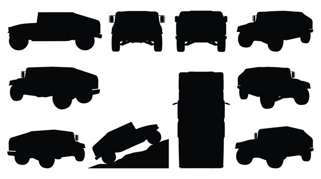 Military Armored Truck and MRAP Silhouette Set &mdash; Side, Front, Top and Climbing Views, Isolated Black Vector Icons