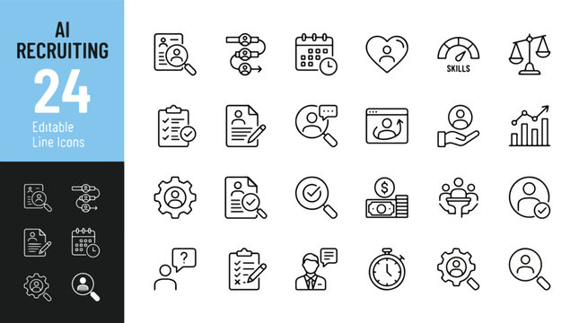 AI recruiting icon set. HR technology, candidate screening, talent acquisition, and hiring process icons. Human resources management symbols. Editable line icons. Vector illustration graphics.