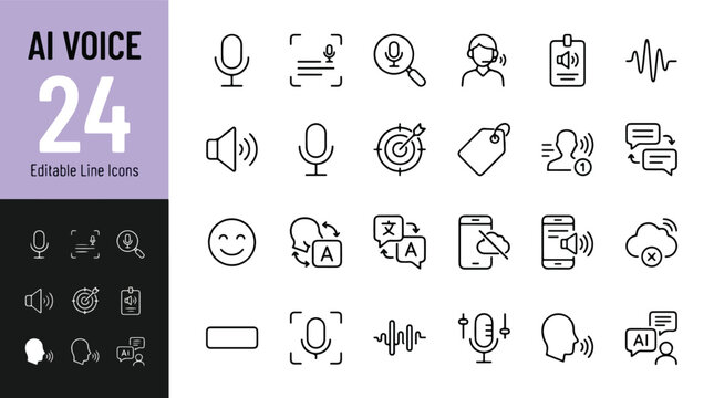 AI voice and speech recognition icon set. Editable line icons. Vector illustration featuring microphone, sound wave, virtual assistant, translator, audio technology, and smart command symbols.