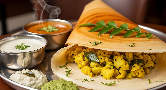 Masala dosa served with dipping chutneys represents a classic and savory South Indian breakfast dish.