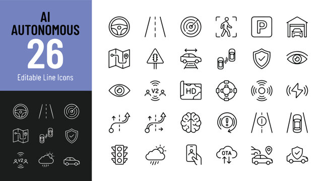 AI Autonomous icon set. Editable line icons. Vector illustration. Collection of self-driving car technology, smart sensors, navigation systems, transport safety symbols, and automated mobility.
