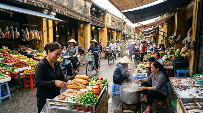 Local street vendor preparing a traditional banh mi sandwich at a vibrant outdoor market stall in Hoi An with bustling commuters and fresh colorful produce visible in this lively photograph