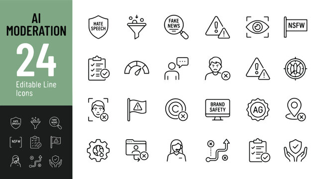 AI moderation icon set. Editable line icons for content control, online safety, brand protection, and hate speech detection. Vector illustration with fake news, NSFW, and data monitoring symbols.