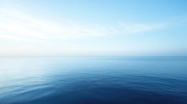 Calm clear blue ocean meets cloudless sky at the horizon, creating a minimalist, serene seascape with smooth water and ample copy space for design use