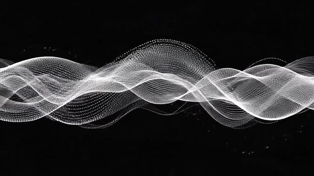 Abstract digital wave pattern formed by glowing white particles on black background