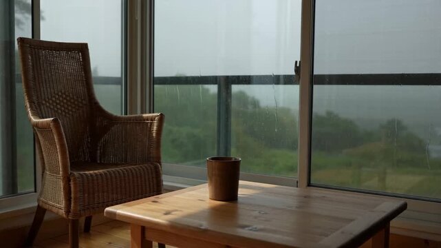 Inviting Sunroom View: Tranquil Coastal Landscape from a Wicker Chair and Wooden Table on a Peaceful