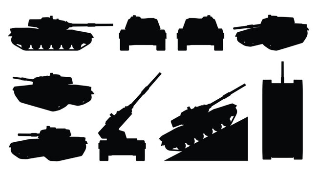 Military Battle Tank Silhouette Set &mdash; Side, Front, Top, Climbing and Artillery Views, Isolated Black Vector Icons