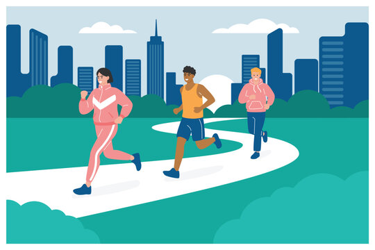 Diverse People Jogging on Park Path with Urban City Skyline Background