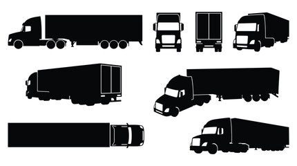 Semi Truck and Eighteen Wheeler Silhouette Set — Side, Front, Rear and Top Views, Isolated Black Vector Icons © selena