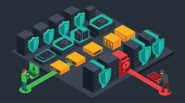 Data Protection Network Security Concept Showing Secure Infrastructure and Hacker Attempting Cyber Attack