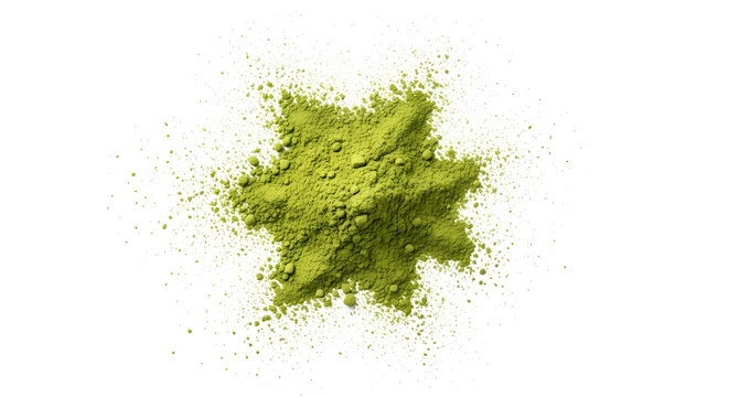 Bubuk teh hijau matcha premium yang berserakan membentuk pola bintang abstrak di atas latar belakang putih bersih