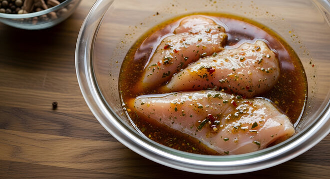 Dada ayam mentah direndam dalam saus bumbu marinasi kaya rempah di dalam mangkuk kaca untuk persiapan memasak sehat