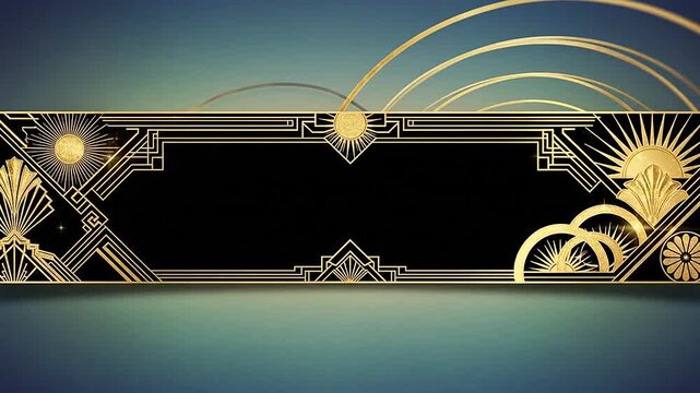 A decorative golden frame with geometric patterns on a dark blue background