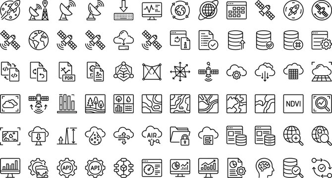 Remote Sensing Geospatial Data Line Icons Set for Satellite Mapping, Cloud Analytics, GIS, and Environmental Interface Design