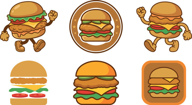 Cartoon hamburger characters and various burger illustrations in different shapes