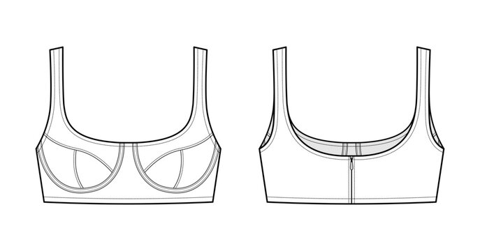 Structured Scoop Neck Bra Top Technical Fashion Illustration. Women Bralette Vector Template. Front and Back View. Underwire Cups. Front Zipper Closure. Wide Straps. Minimal Design. CAD Mockup Set.